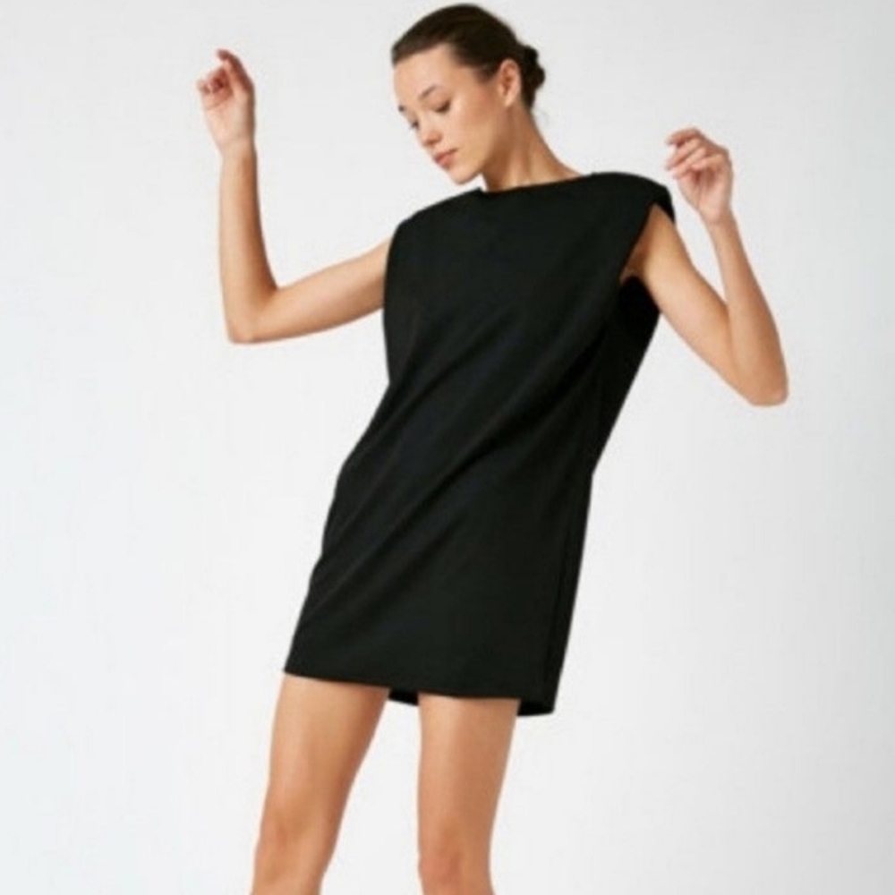 Zara Solid Black Shoulder Pad Mini Tank Shift Dress Small NWT